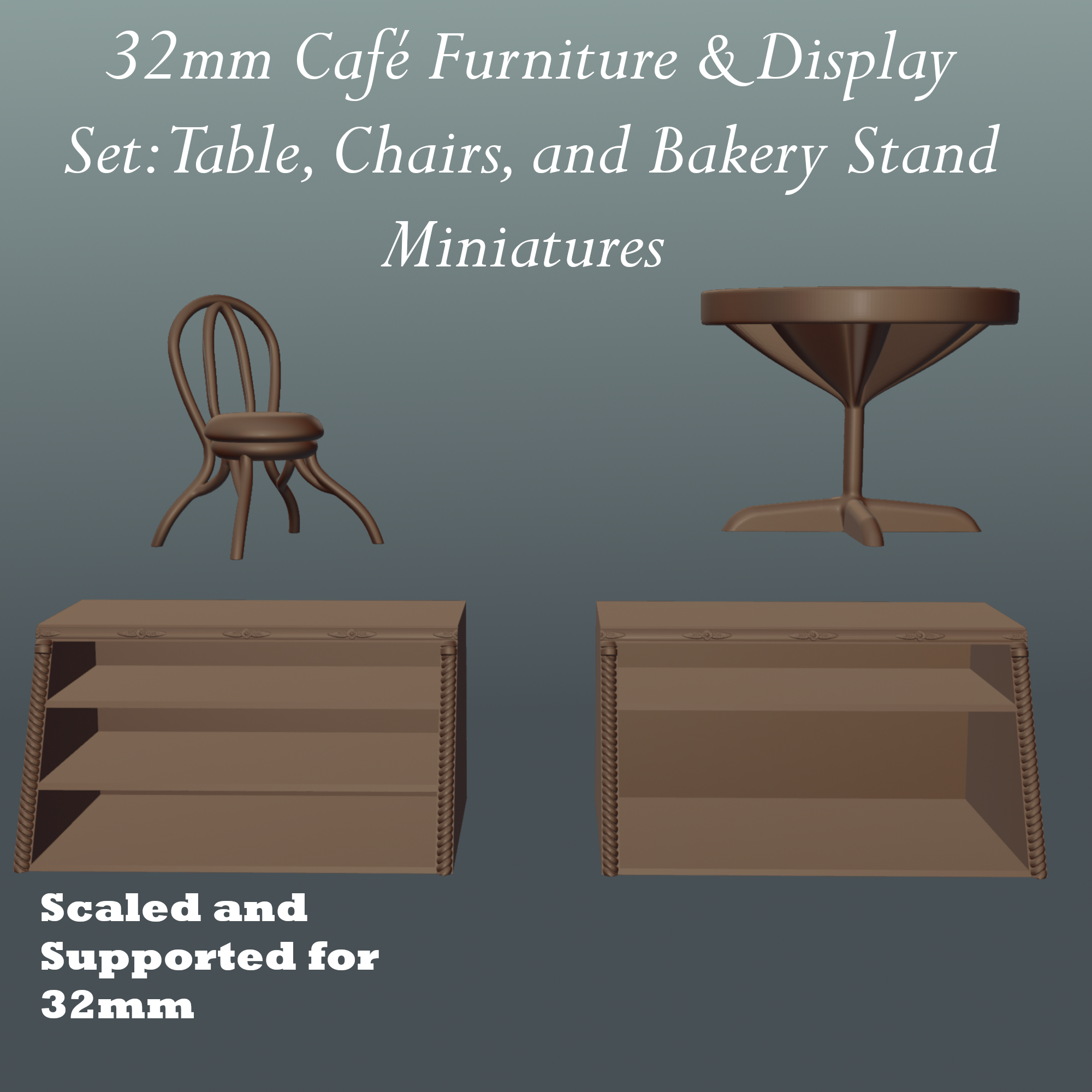 Free 32mm Bakery Furniture STL – Table, Chairs & Bakery Stand Miniature